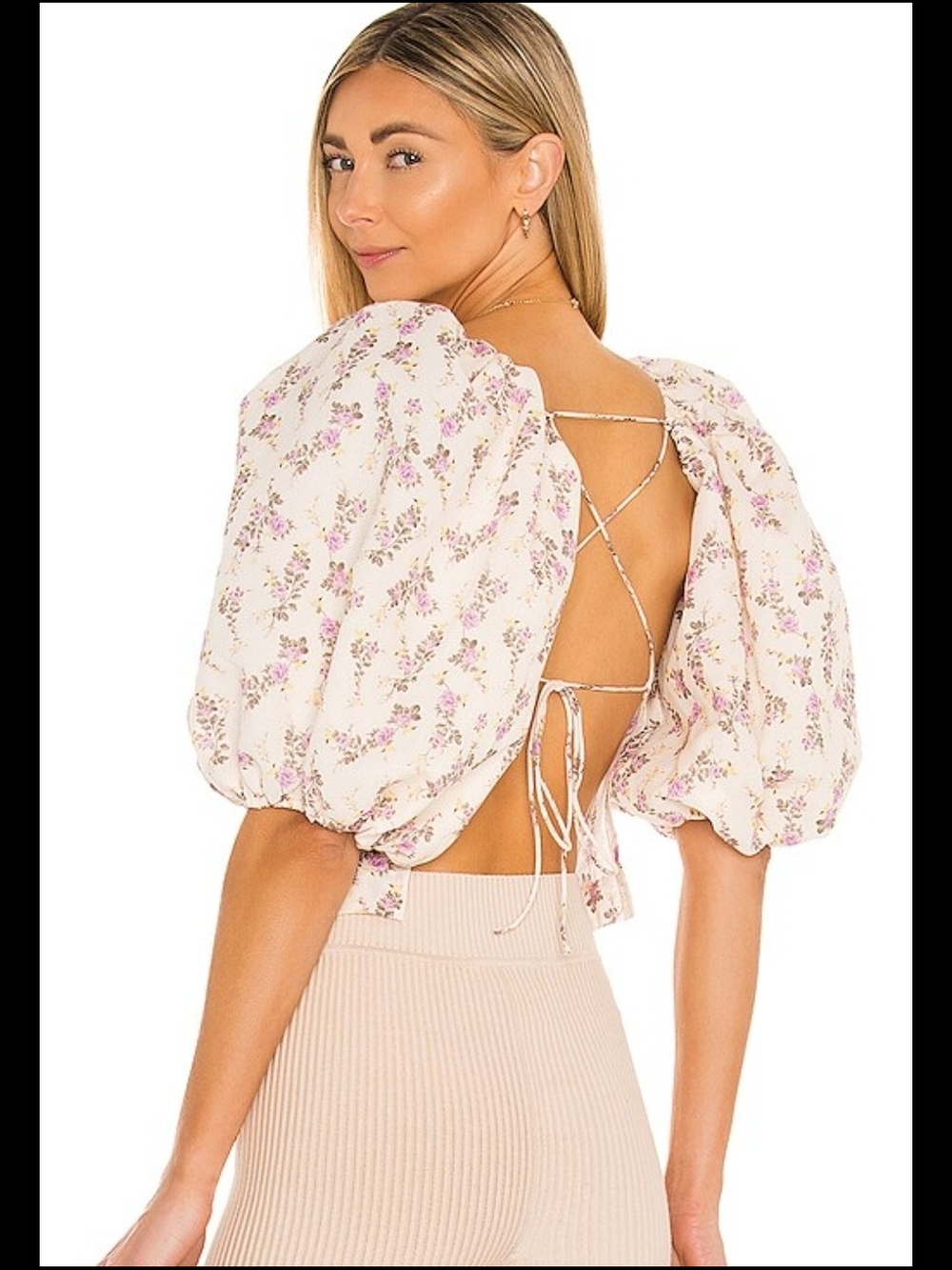70/21 Floral Lace-Up Puff Sleeve Top in Cream and Pink